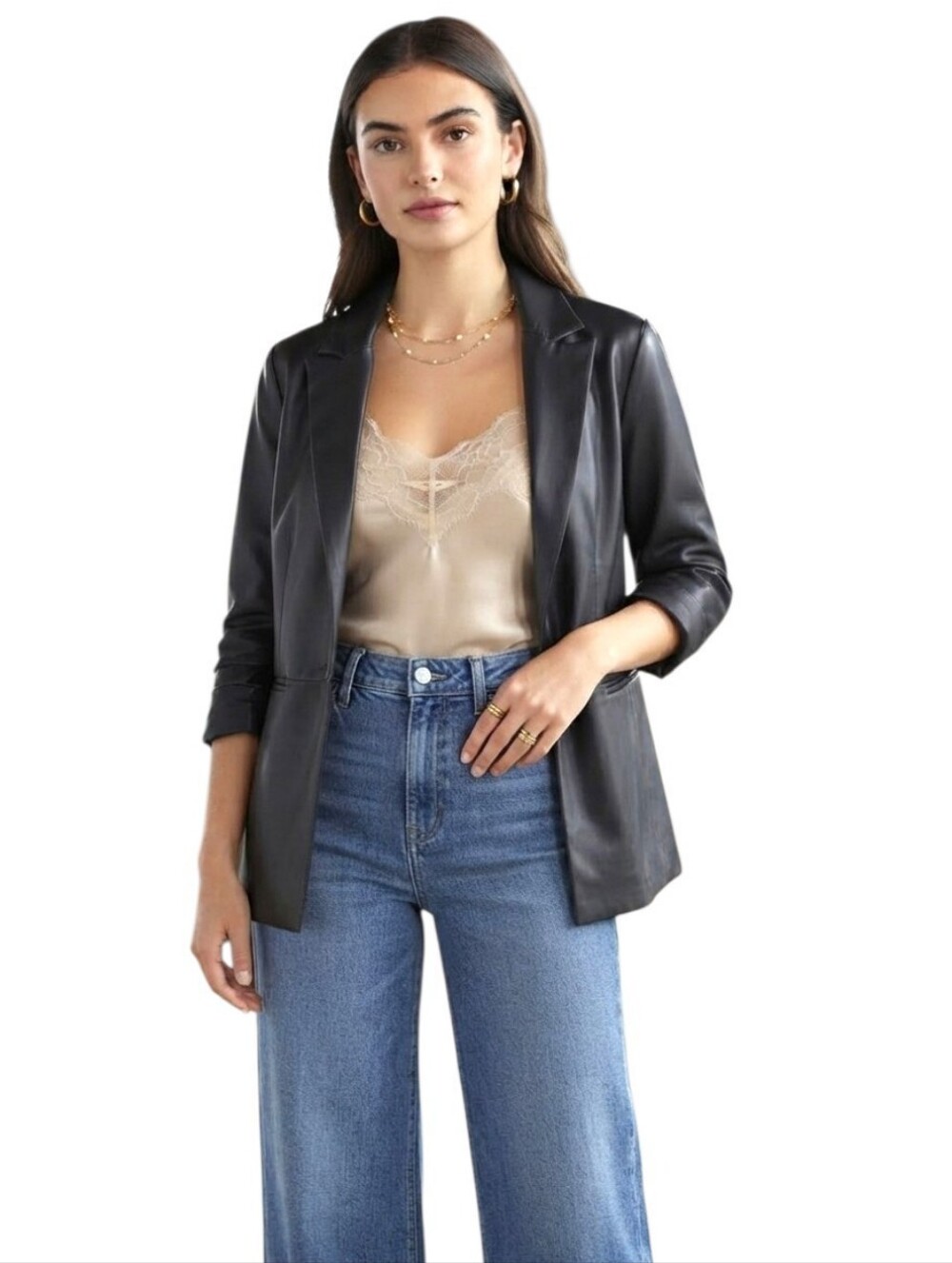 Nwt Laundry by Shelli Segal Faux Leather Blazer Size Large Black One Button